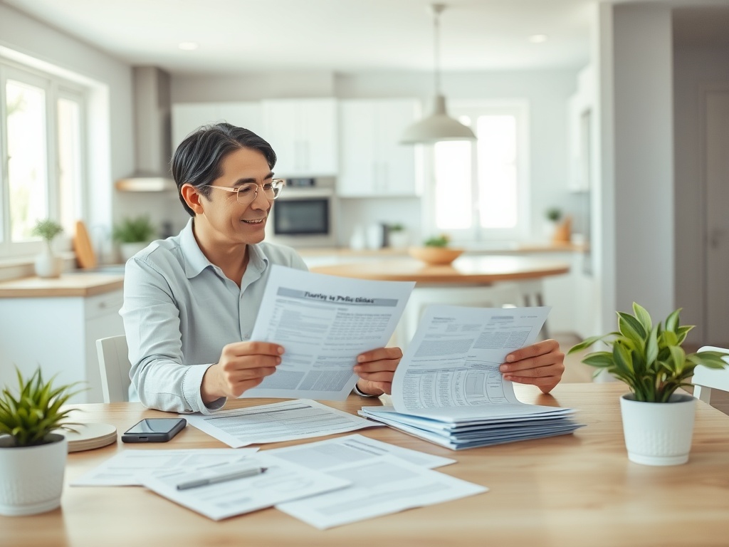 Мужчина в очках изучает документы за столом в светлом кухонном интерьере, вокруг растения и телефон.