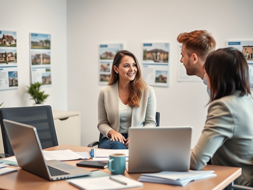 Девушка улыбается во время обсуждения с коллегами в офисе с документами и ноутбуками.