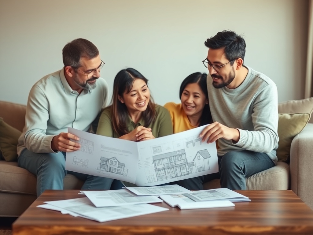 Четыре человека сидят на диване и обсуждают архитектурные чертежи, улыбаясь и наслаждаясь моментом.