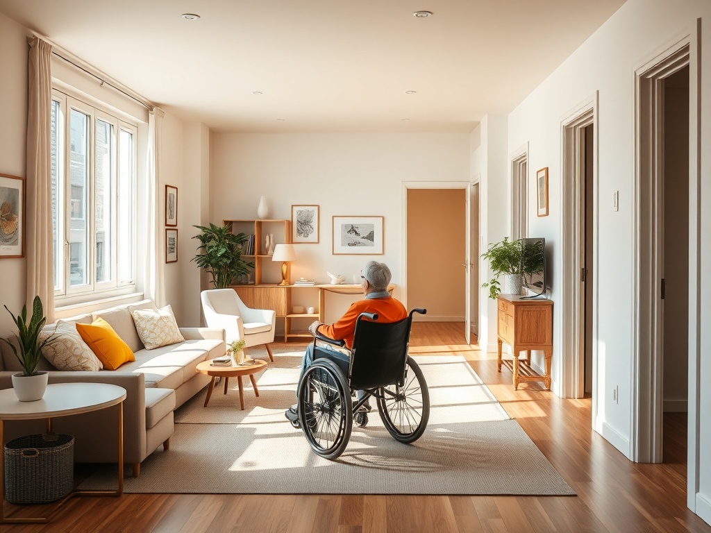 Пожилой человек в инвалидной коляске смотрит на светлую комнату с удобной мебелью и растениями.