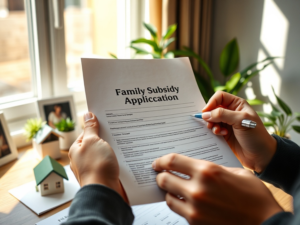 На картинке человек заполняет заявление на семейную субсидию, держа его и ручку в руках рядом с окном.