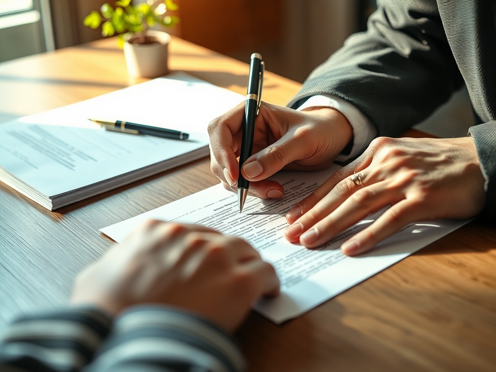 Два человека подписывают документы на деревянном столе. Один держит ручку, другой – лист бумаги.