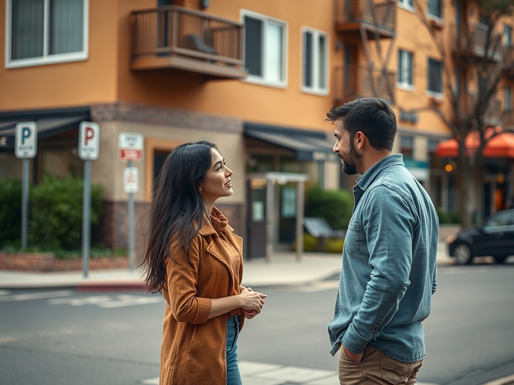 Двое людей общаются на улице, рядом с домами и дорожными знаками. Атмосфера дружелюбная и позитивная.