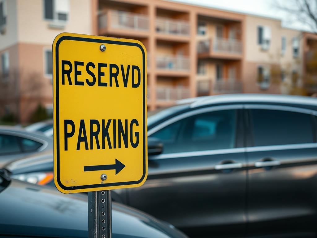 Знак парковки с надписью "Забронировано" и указателем налево на фоне автомобилей и здания.