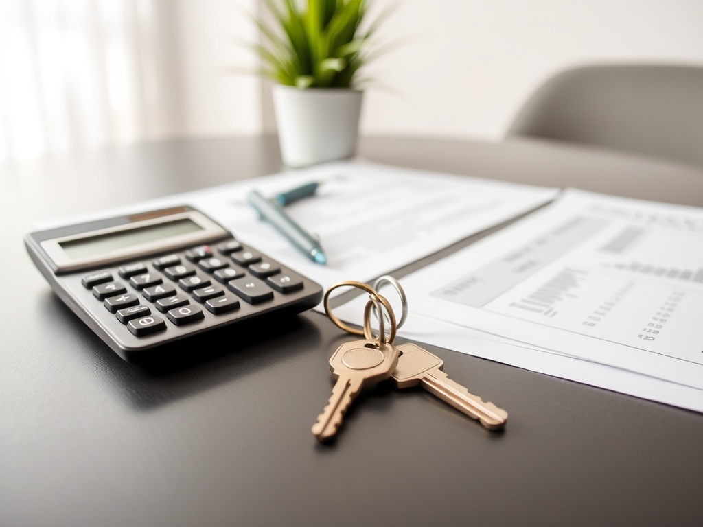 Калькулятор, ключи и документы на столе в офисе. Зеленый цветок в горшке на заднем плане.