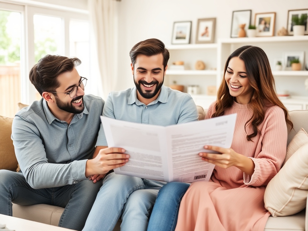 Трое людей сидят на диване, читают документ и смеются, окруженные уютной атмосферой дома.