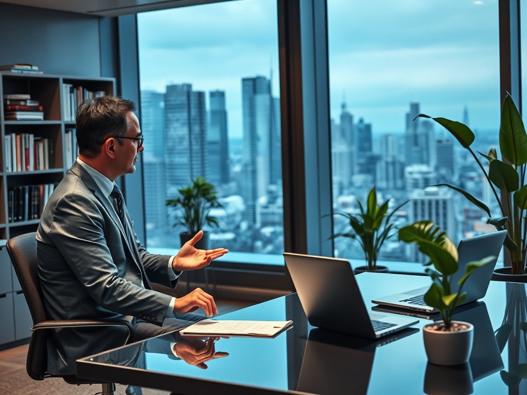 Мужчина в костюме сидит за столом в офисе с видом на город и обсуждает что-то важное. У него два ноутбука.