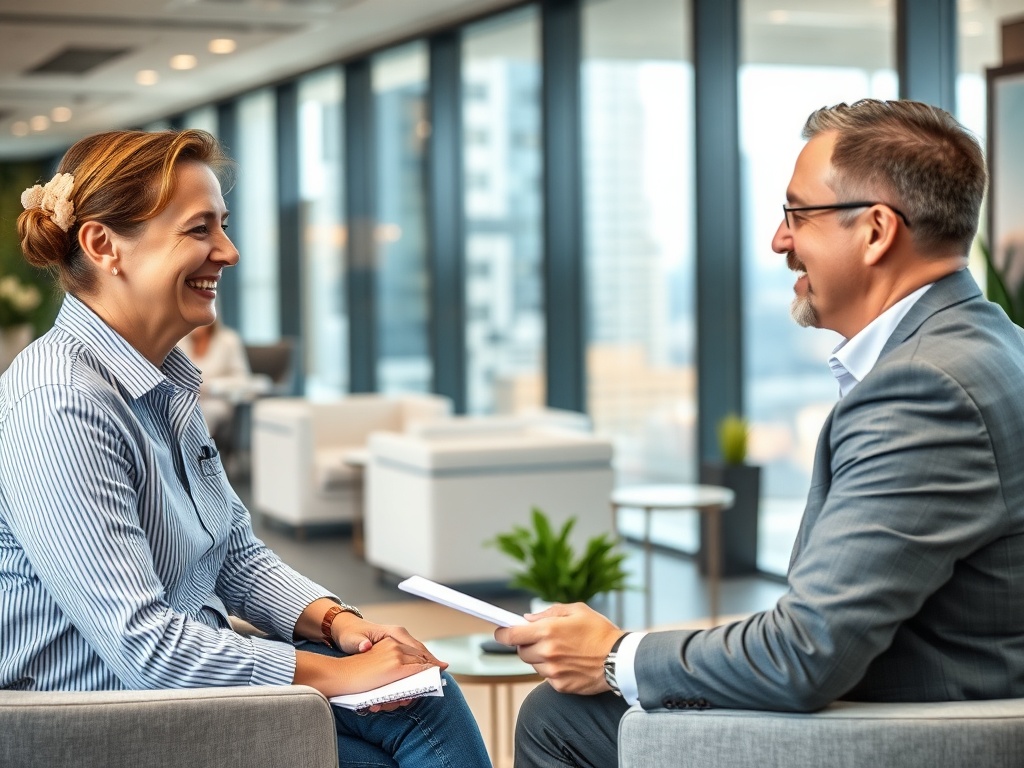 Два человека улыбаются и беседуют в современном офисе с окнами, открывающими вид на город.