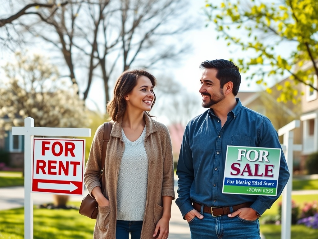 На фотографии счастливая пара стоит рядом с указателями «Сдается» и «Продается» в жилом районе.