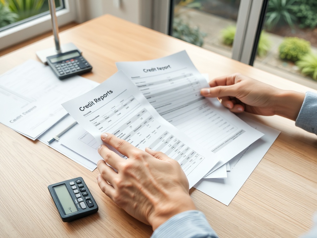 Человек рассматривает кредитные отчеты и документы на деревянном столе, рядом калькулятор.